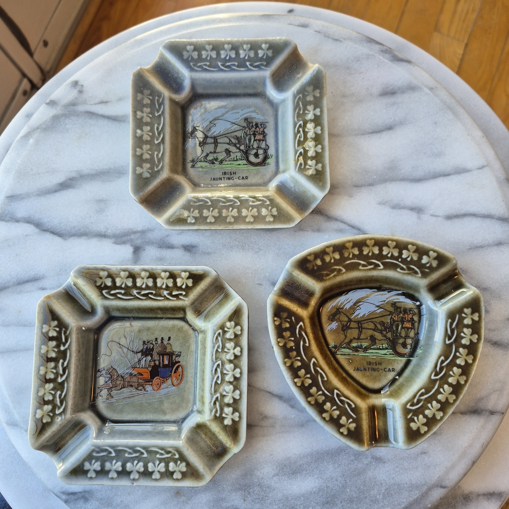 Vintage Irish Porcelain Ashtray Set with Irish Jaunting Car Design